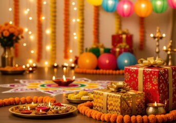 Diwali gifts and decorations create a festive atmosphere for the holiday celebration