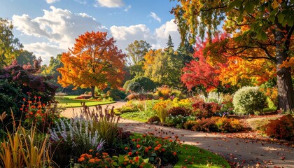 Autumnal splendor illuminates a serene botanical garden landscape