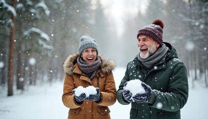 Happy mature couple playing snowballs in winter forest. Senior man and woman laugh, enjoy each other company. Old husband and wife have fun in snowy weather outdoors.