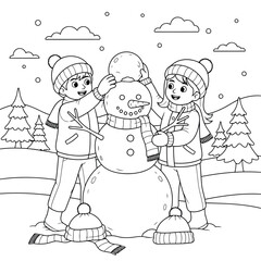 Children Building a Snowman Together in a Winter Wonderland Scene