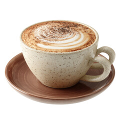 Aromatic cappuccino in a speckled, light beige mug with a brown saucer.  Atop the frothy, light beige crema is a swirl of brown spice