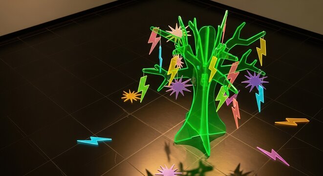 Neon green acrylic tree with colorful lightning and star ornaments