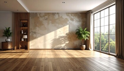 Fototapeta premium Bright and spacious minimalist interior with natural light and greenery