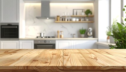 A blurry, light-filled modern kitchen with a light brown wooden table top