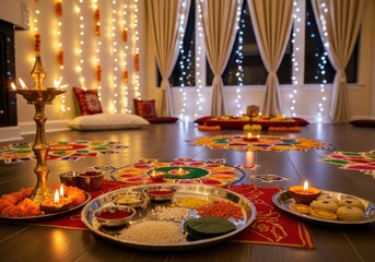 Diwali decorations illuminate the home with rangoli and traditional oil lamps