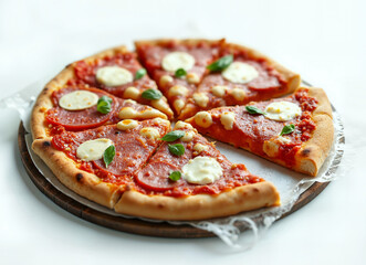 A freshly baked pizza, topped with tomato sauce, mozzarella cheese, pepperoni, sausage, and basil, is presented on a wooden board against a pristine white background.