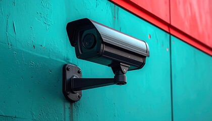 Security Camera Mounted on Teal and Red Wall.