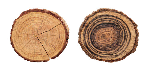 Two tree trunk cross-sections.  Different wood tones and growth rings are visible