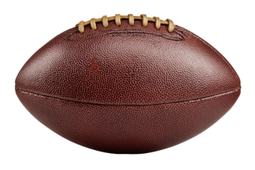 Close-up of a brown leather American football, stitched seams visible