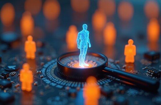 Glowing digital human figure on magnifying glass above circuit board. Blurred orange figures symbolize digital human resources. Concept digital identity artificial intelligence network future.