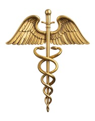 Gold medical symbol, wings, snakes, staff