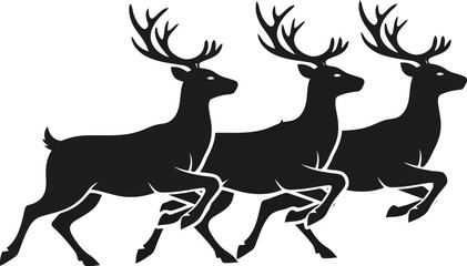 Three Majestic Reindeer Silhouettes Running in a Group Isolated on White Background Symbolizing Christmas and Winter Holidays Decoration