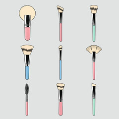 Collection of assorted makeup brushes with pastel handles. Professional beauty tool vector illustration set.
