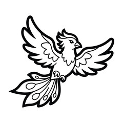 Obraz premium Majestic mythical bird in flight with elaborate feathers, black and white line art vector