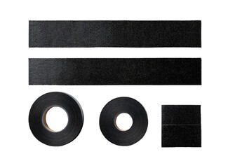 Close-up view of various black adhesive tapes and strips, arranged in a grid pattern.  Flat, rectangular and rolled forms