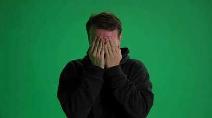A person with fair skin covering their face with both hands, looking distressed.
