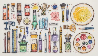 Colorful illustration of art supplies including brushes, pencils, paints, scissors, and palettes, arranged neatly on a white background for creative inspiration