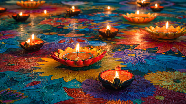 Traditional Diwali candles on colorful floral background.