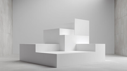 Minimalistic white geometric podium with abstract cubic shapes in a modern interior.