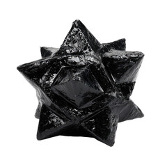 Dark, star-shaped, geometric object.  Complex facets.  Glossy, obsidian-like finish