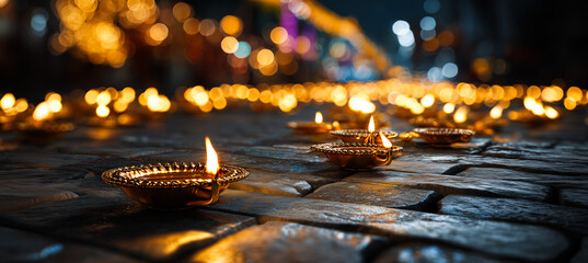 Row of traditional Diwali oil lamps glowing at night.