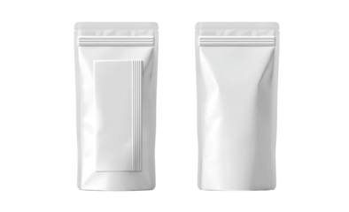 Two side-by-side, blank, white, rectangular, stand-up pouches.  Each pouch features a zipper closure and a smooth, matte finish.  A vertical panel is visible on the front face of each pouch