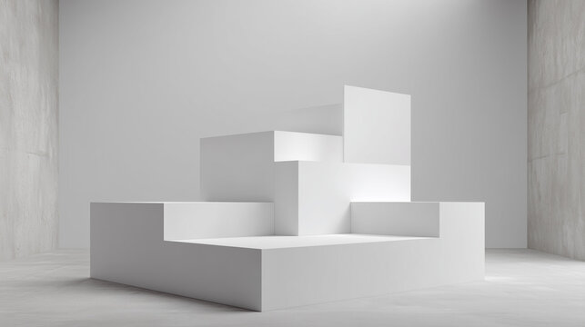 Minimalistic white geometric podium with abstract cubic shapes in a modern interior.