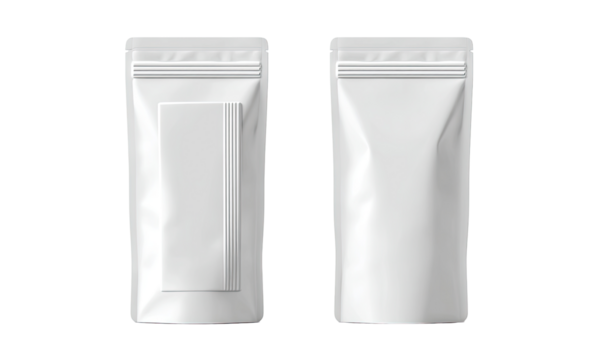 Two side-by-side, blank, white, rectangular, stand-up pouches.  Each pouch features a zipper closure and a smooth, matte finish.  A vertical panel is visible on the front face of each pouch
