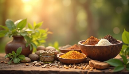 Ayurvedic products arranged on wood table with plants, herbs, spices in bowls. Earthy tones, natural light. Health, wellness, eco-friendly product background.