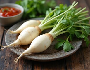 Three fresh white daikon radishes with green leaves on grey plate on wooden table. Vegetables for salad. Raw ingredients, healthy food, vegan diet, vegetarian cuisine.