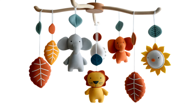 Felt animal mobile with leaves isolated on a transparent background