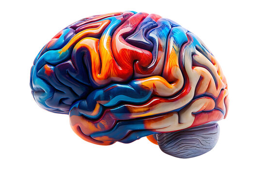 Detailed human brain model with colorful, marbled texture mind cognition isolated on a transparent background - Powered by Adobe