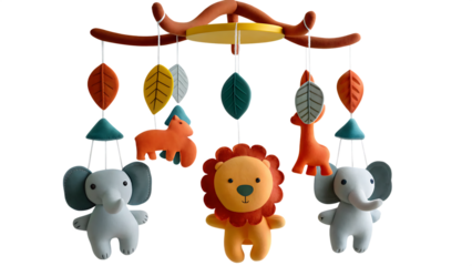 Felt animal mobile with leaves isolated on a transparent background