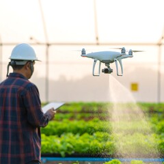Worker monitors drone spraying crops in greenhouse