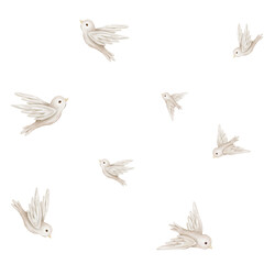 Watercolor repeat seamless pattern with illustration of a flying birds of peace with spread wing. Hand-drawn Bird design symbol of peace for invitations or greeting cards in pastel beige colors.