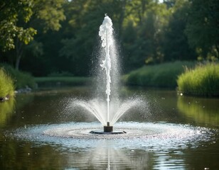 Country pond with a central fountain spraying water creates a serene summer scene. Rich green trees and grass surround the calm blue water. Reflective surface shows sunlight.