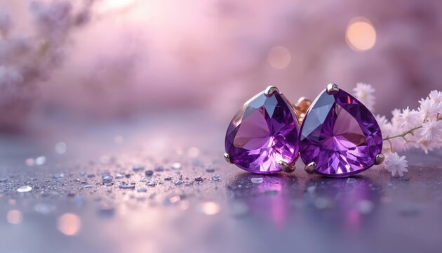 Elegant amethyst earrings. Purple gemstone teardrop shape earrings set against soft blurred background with water drops and white flowers. Precious jewelry accessory for celebration gift.