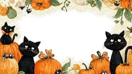 Whimsical black cats and pumpkins frame a blank space for text and design