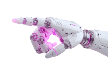 A detailed close-up of a robotic hand, pointing.  Pink accents highlight joints and edges