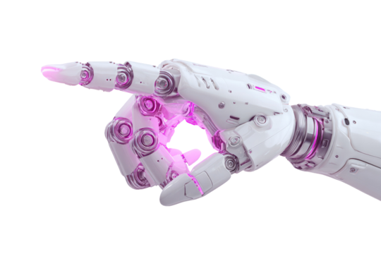A detailed close-up of a robotic hand, pointing.  Pink accents highlight joints and edges