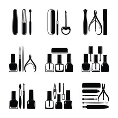Professional manicure and pedicure equipment vector icon silhouette collection