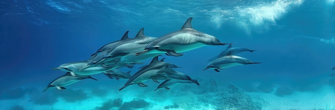 Un grupo de delfines nadando en formaci&oacute;n en aguas cristalinas.