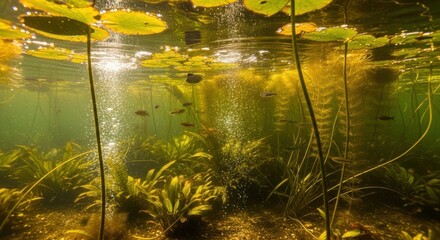 Underwater Pond Life With Tiny Fish and Aquatic Plants