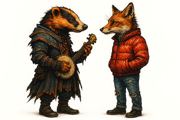 a badger and a fox in anthropomorphic clothing, the badger playing a banjo while the fox stands and watches on a white background