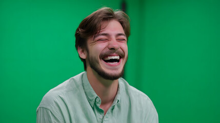 Man laughing heartily in front of a green screen, eyes closed, wearing a light green shirt.