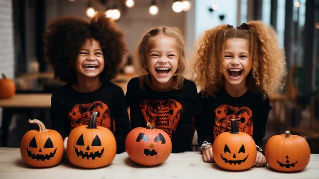 Kids enjoy Halloween pumpkin decorating with smiles and creativity in a cozy indoor setting