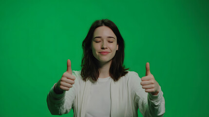Woman giving thumbs up against green screen.
