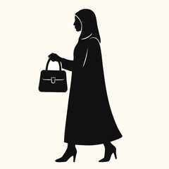 Elegant Muslim Woman Silhouette Walking Confidently with Handbag, Symbolizing Modest Fashion and Contemporary Cultural Identity