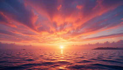 Fototapeta premium An orange and red sun dips below the horizon, casting a fiery glow over the tranquil ocean waves