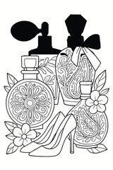 Fashion and beauty coloring page with perfume bottles, high heels, and intricate floral doodles.